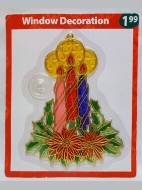 NIP Vintage Christmas Holiday Suncatcher Window Decor Candles Faux Stained Glass